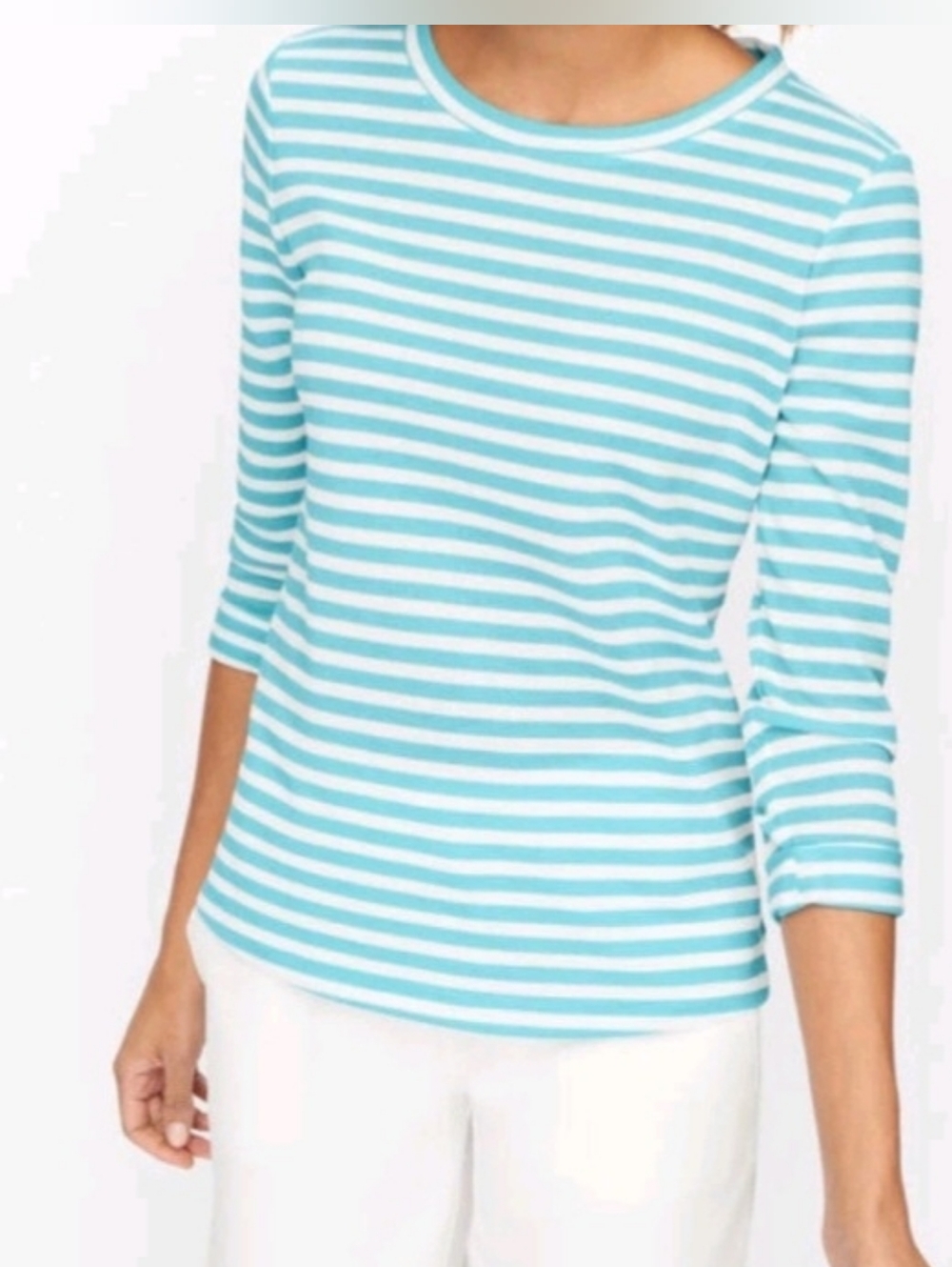 T BY TALBOTS STRIPED TEAL/ WHITE ROLL TAB, KEY HOLE BACK TOP.  SIZE L PETITE